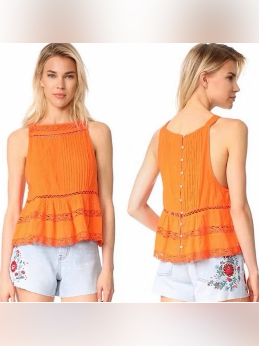 Free People Lace Embroidered Tank Top M Orange Cotton Boho Summer Girly Preppy